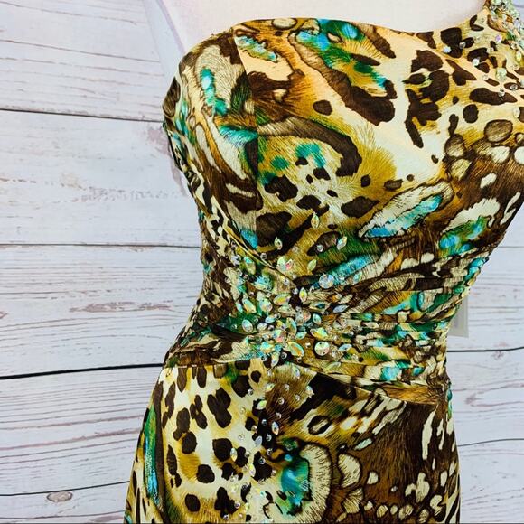 Animal print with teal beaded front slit ruched - Picture 3 of 8